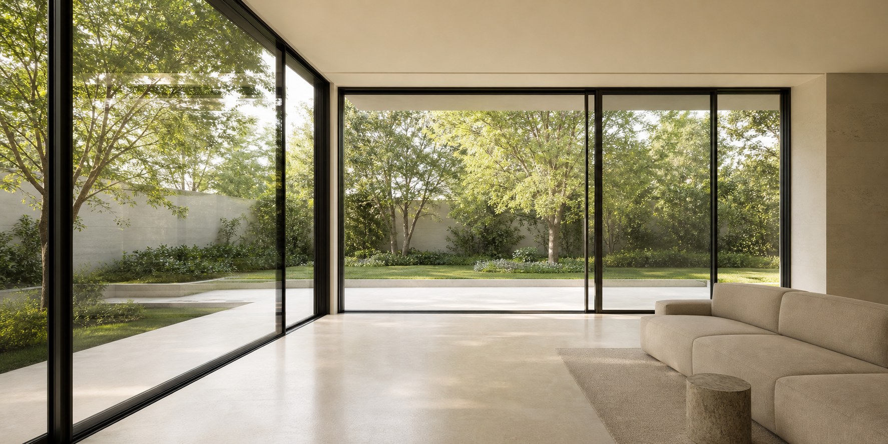 Crownnova floor-to-ceiling architectural glass system in a quiet contemporary interior